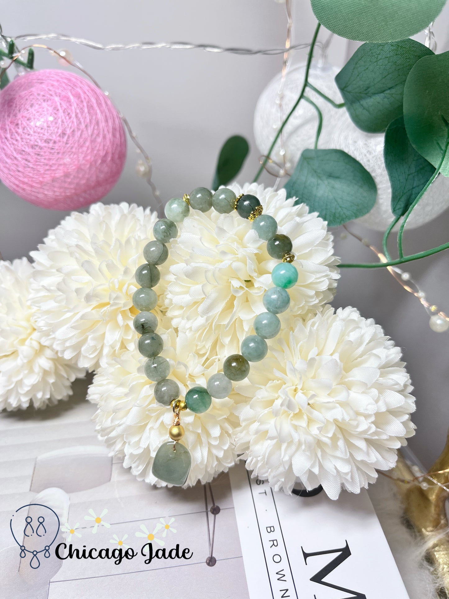 Grass Green Lake Green Natural Jadeite Jade Feicui Beaded Bracelet with Matching Dangle Handmade Gift Ready