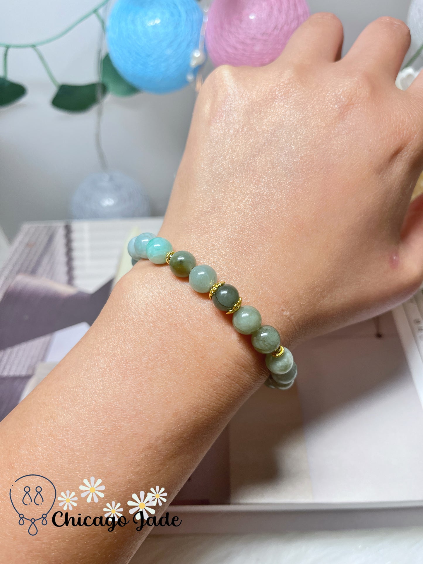 Grass Green Lake Green Natural Jadeite Jade Feicui Beaded Bracelet with Matching Dangle Handmade Gift Ready