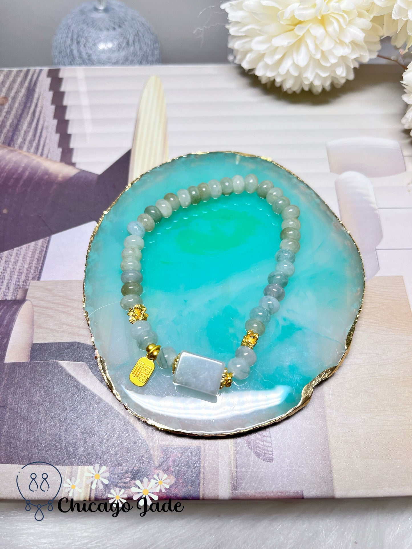 Icy Blue Green Translucent Natural Untreated Jadeite Jade Feicui Beaded Bracelet High Quality Handmade Gift