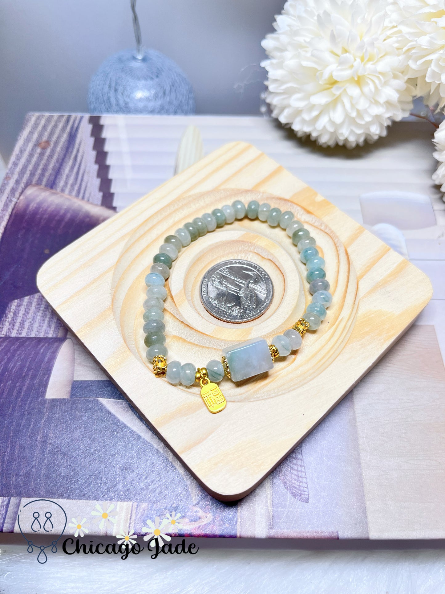 Icy Blue Green Translucent Natural Untreated Jadeite Jade Feicui Beaded Bracelet High Quality Handmade Gift