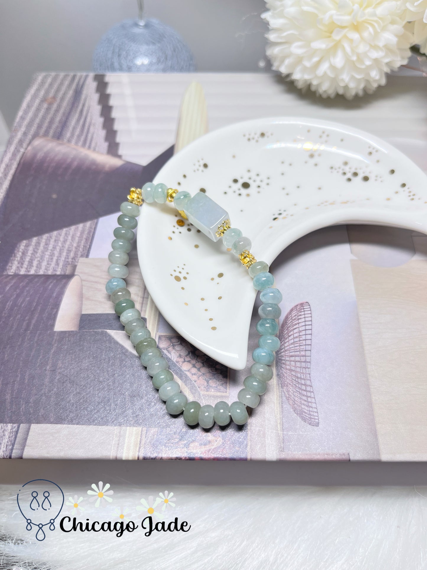 Icy Blue Green Translucent Natural Untreated Jadeite Jade Feicui Beaded Bracelet High Quality Handmade Gift