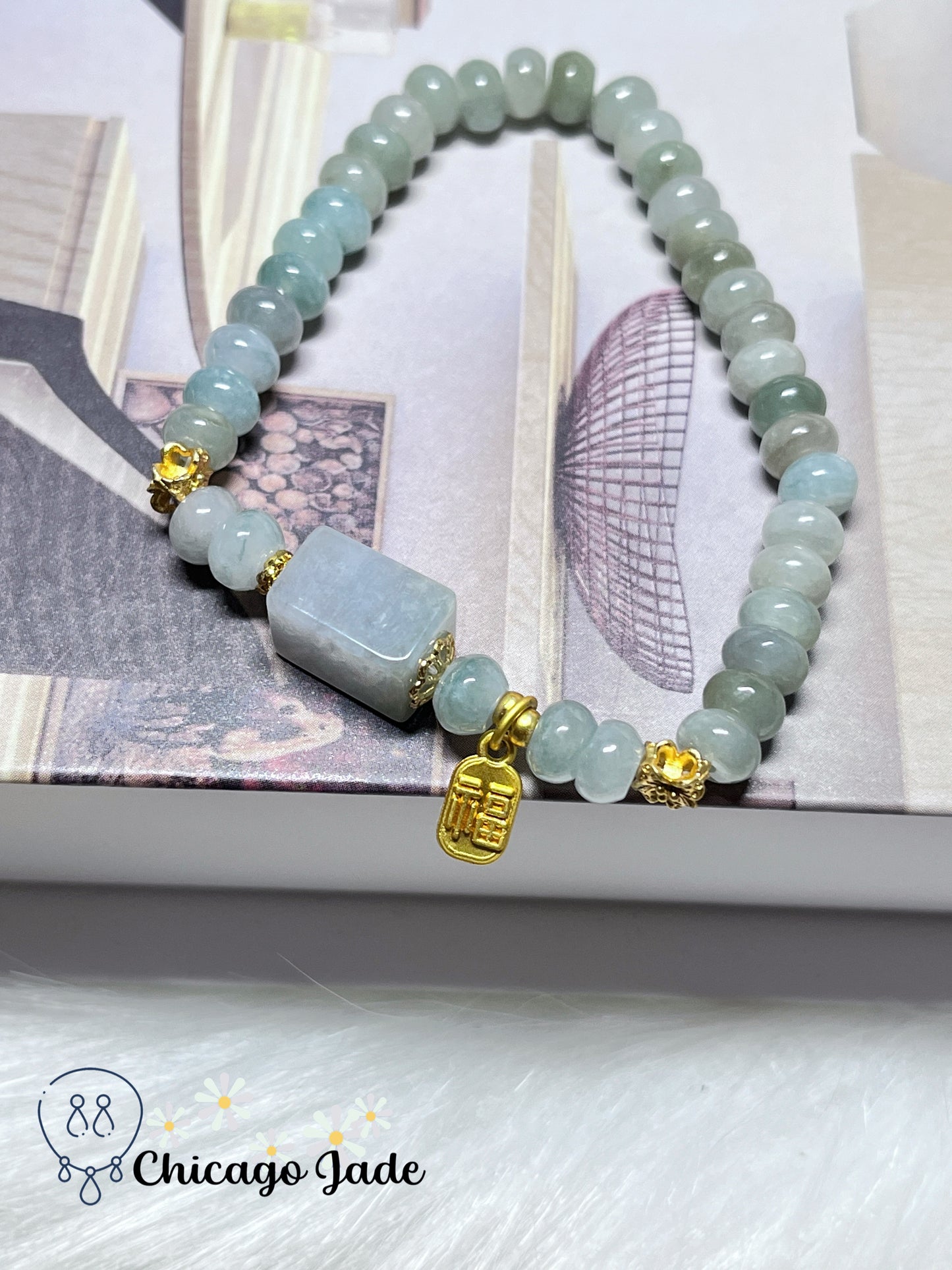 Icy Blue Green Translucent Natural Untreated Jadeite Jade Feicui Beaded Bracelet High Quality Handmade Gift