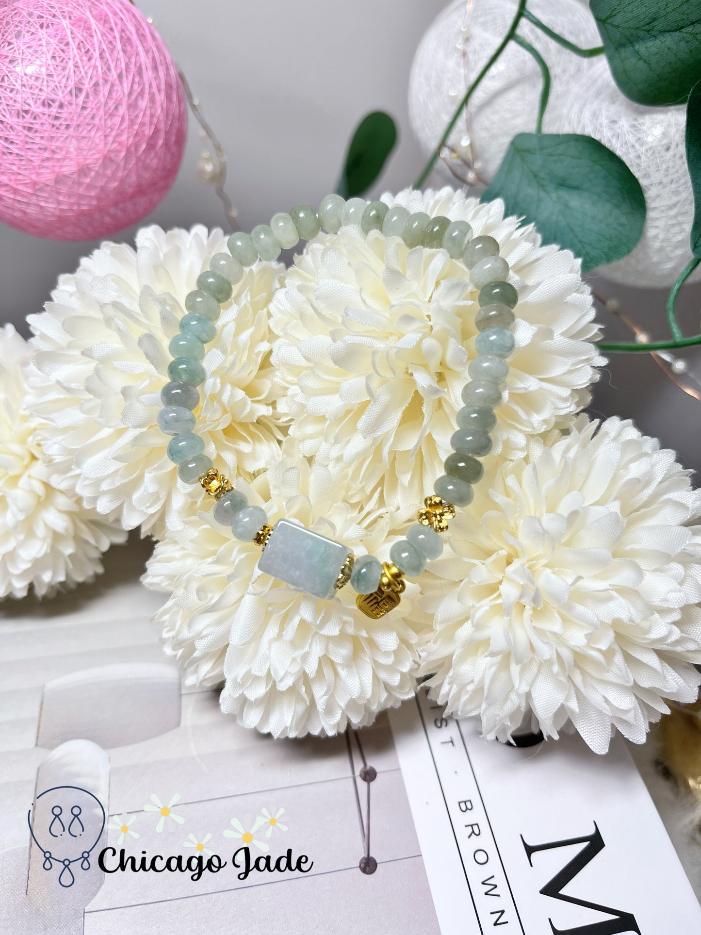 Icy Blue Green Translucent Natural Untreated Jadeite Jade Feicui Beaded Bracelet High Quality Handmade Gift