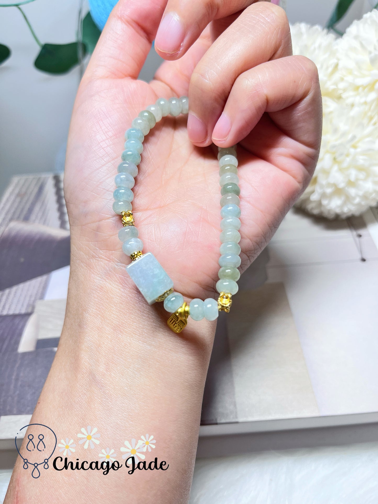 Icy Blue Green Translucent Natural Untreated Jadeite Jade Feicui Beaded Bracelet High Quality Handmade Gift