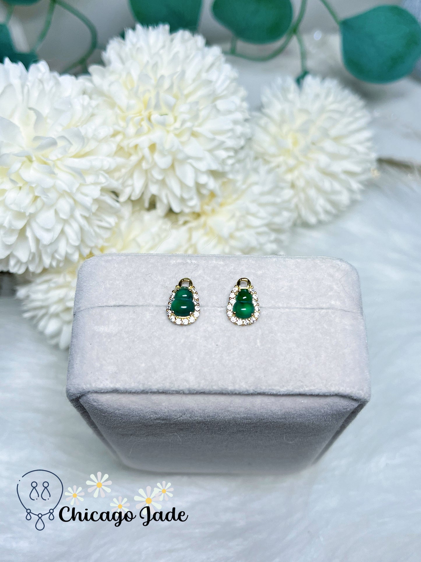 Authentic Dainty Jadeite Jade Guard (Hulu) on Gold Plated Sterling Silver Stub Earring Authentic Gift Ready