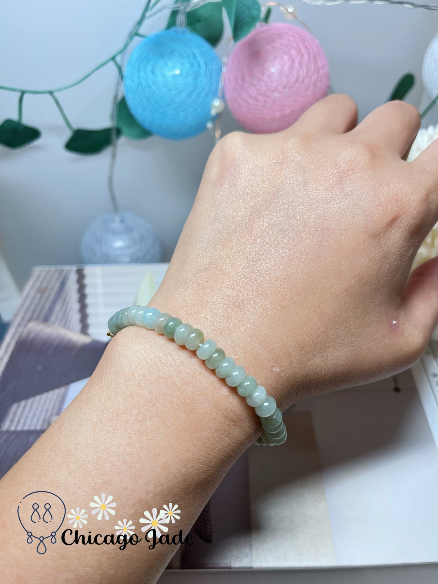 Icy Blue Green Translucent Natural Untreated Jadeite Jade Feicui Beaded Bracelet High Quality Handmade Gift