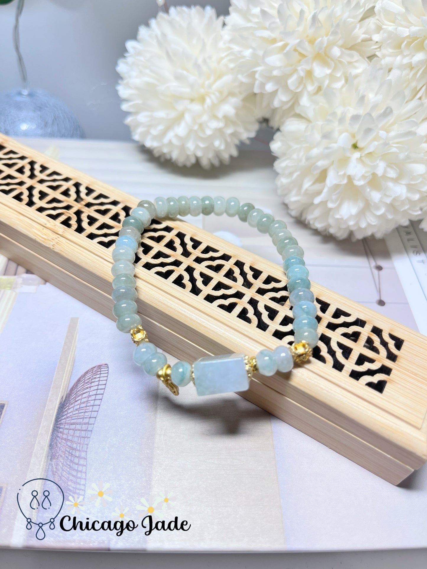 Icy Blue Green Translucent Natural Untreated Jadeite Jade Feicui Beaded Bracelet High Quality Handmade Gift