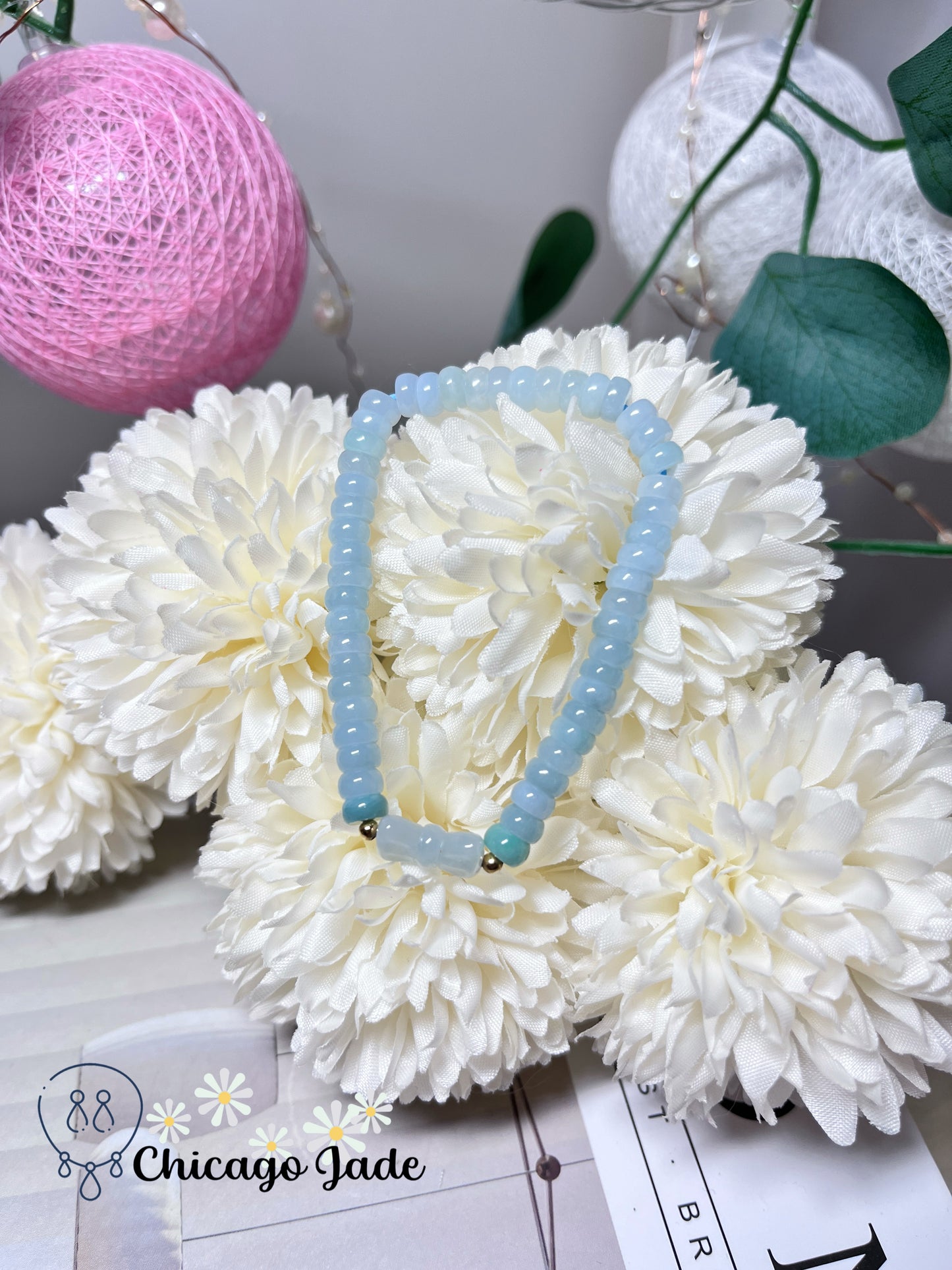 Sky Blue Dainty Donut Shaped Beaded Bracelet with Solid 18k Beads Adjustable Handmade Gift