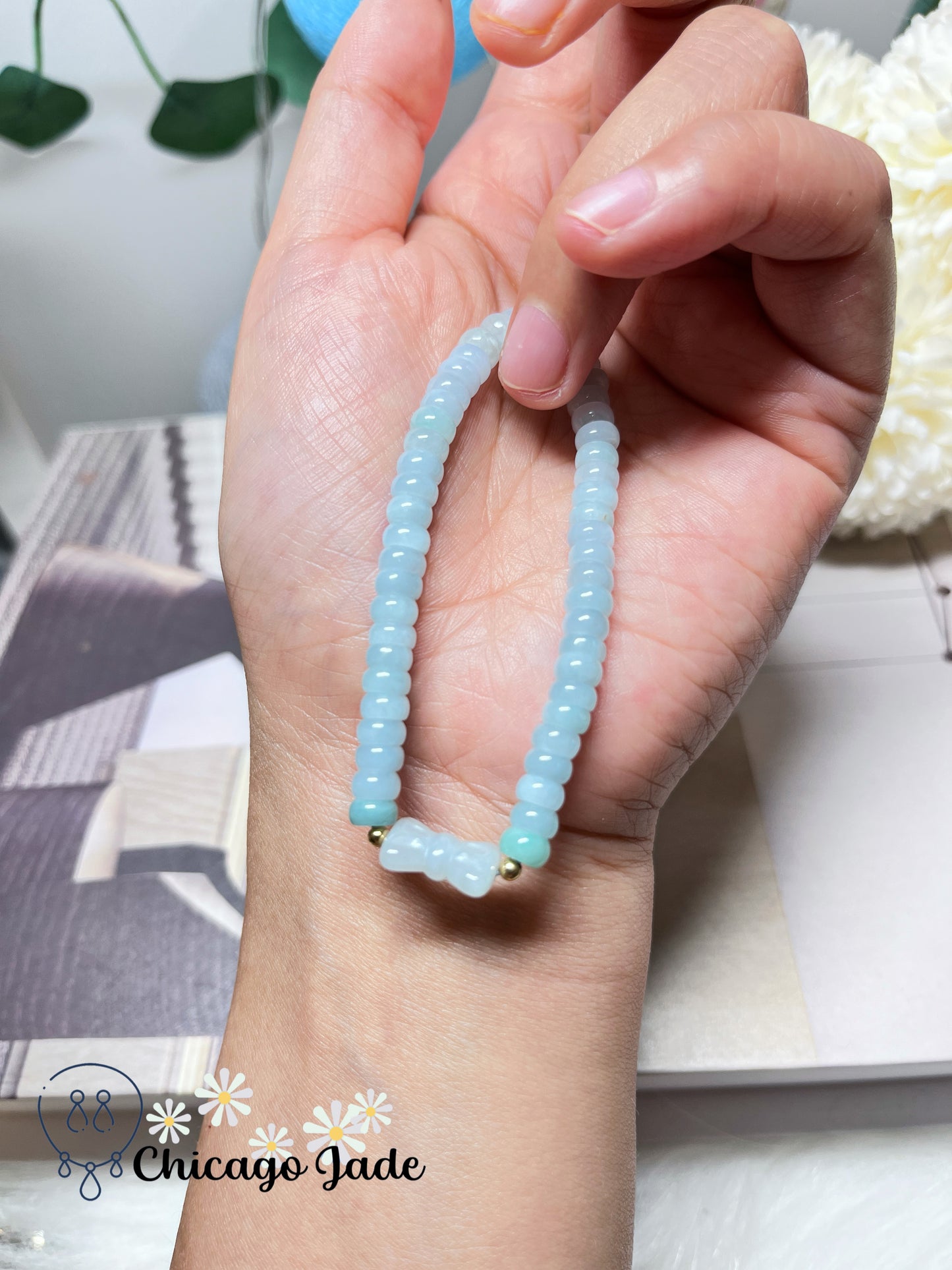 Sky Blue Dainty Donut Shaped Beaded Bracelet with Solid 18k Beads Adjustable Handmade Gift