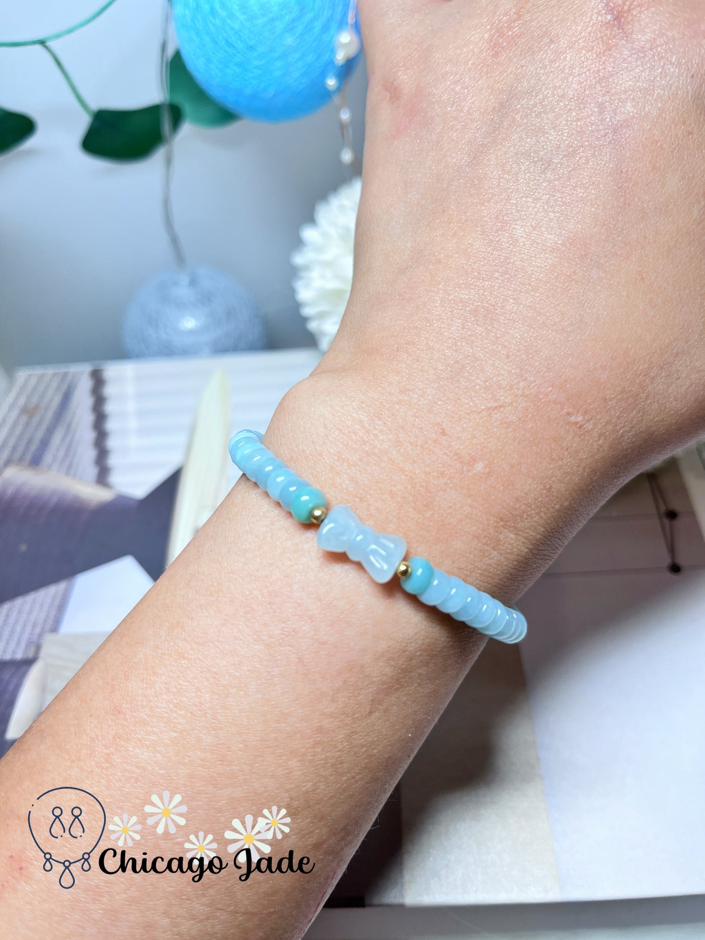 Sky Blue Dainty Donut Shaped Beaded Bracelet with Solid 18k Beads Adjustable Handmade Gift