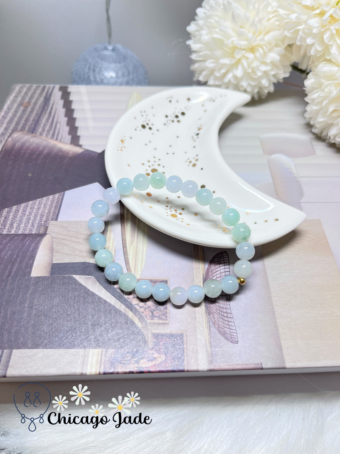 Icy Moonlight Macaroon Colored Perfect Round Jadeite Jade Feicui and Solid 999 Gold Beaded Bracelet Handmade Gift