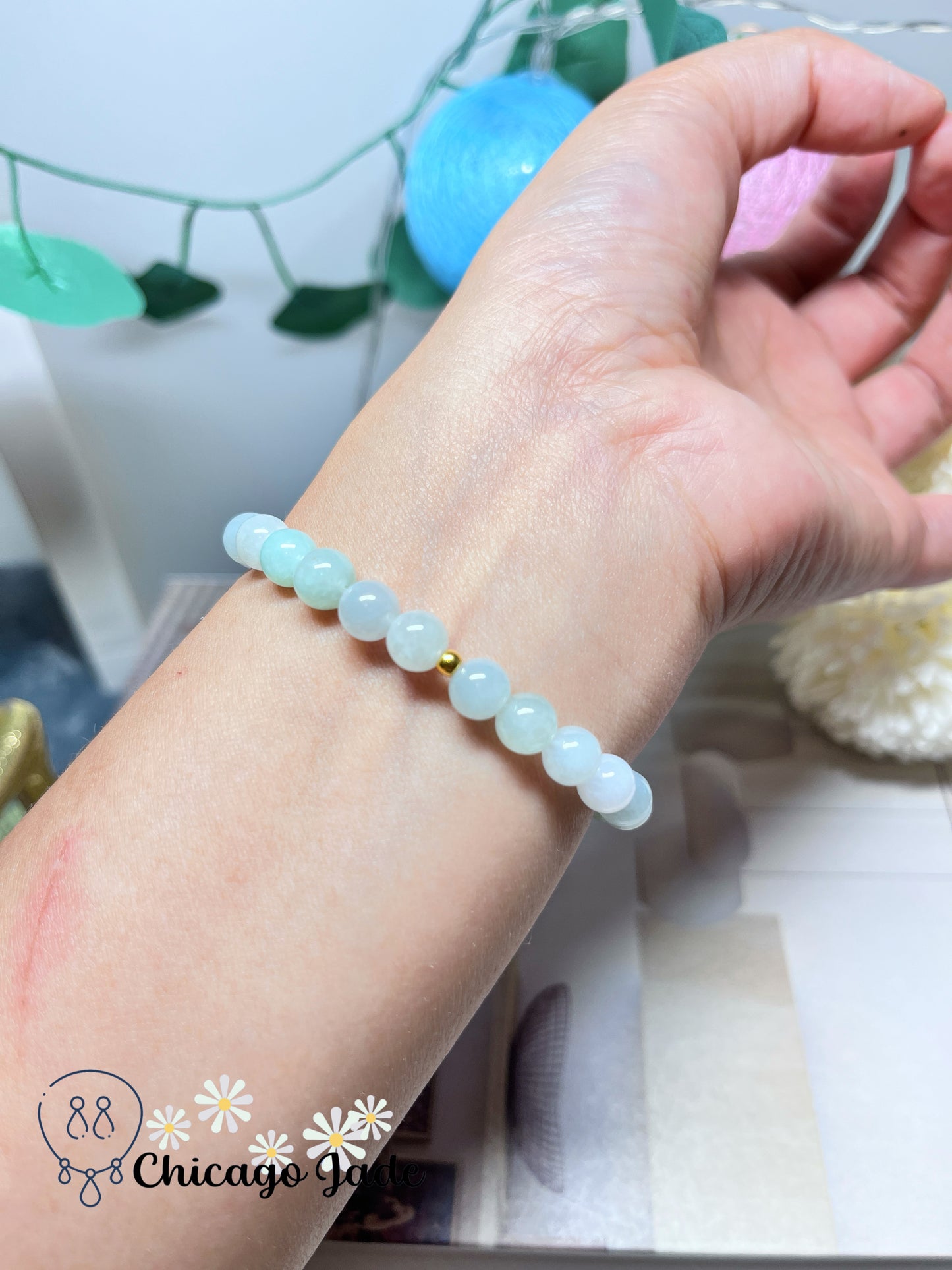 Icy Moonlight Macaroon Colored Perfect Round Jadeite Jade Feicui and Solid 999 Gold Beaded Bracelet Handmade Gift