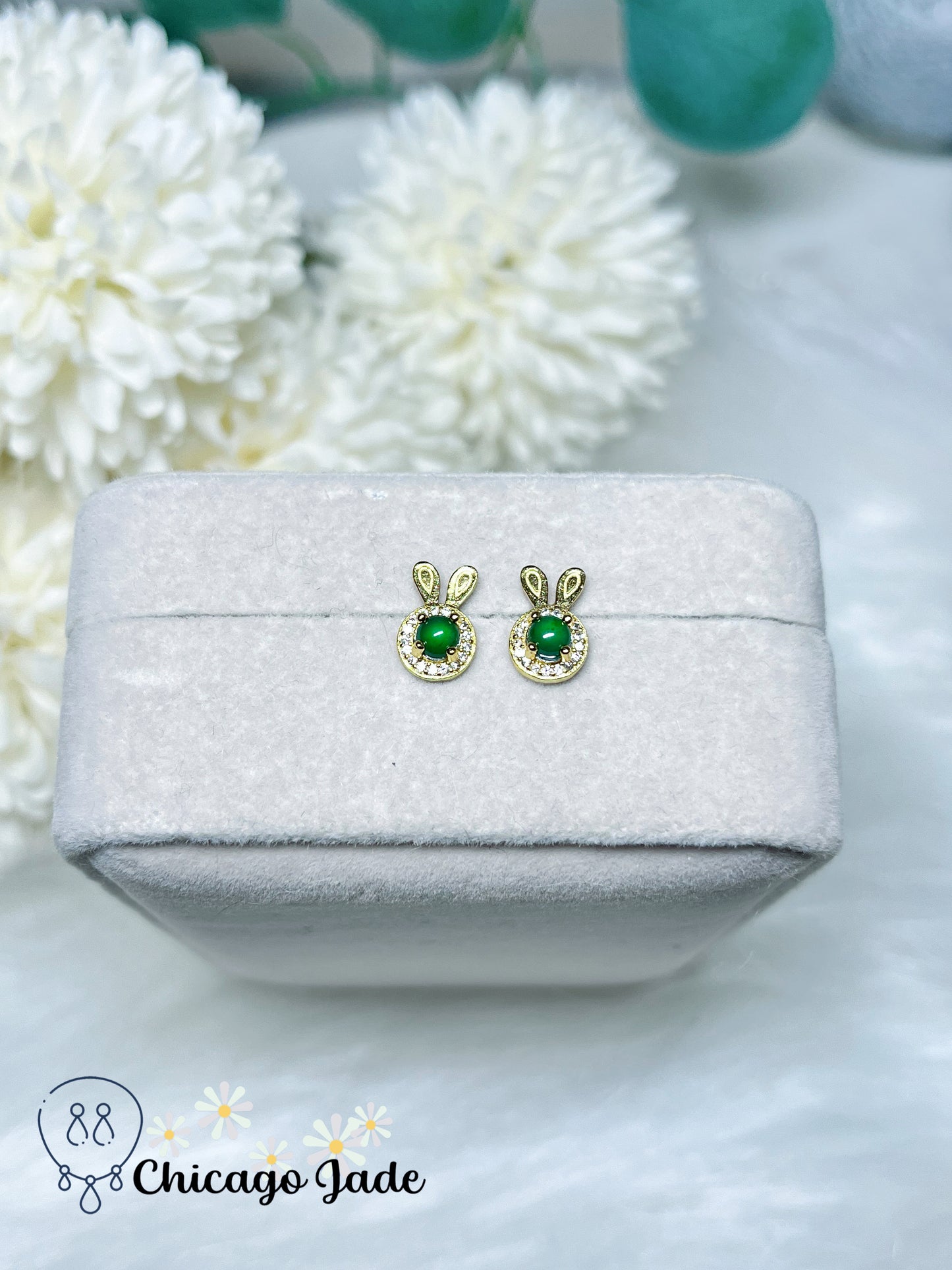 Bright Green Cute Rabbit Design Natural Jadeite Jade Feicui Earring Sterling Silver Certified Grade A Gift Ready