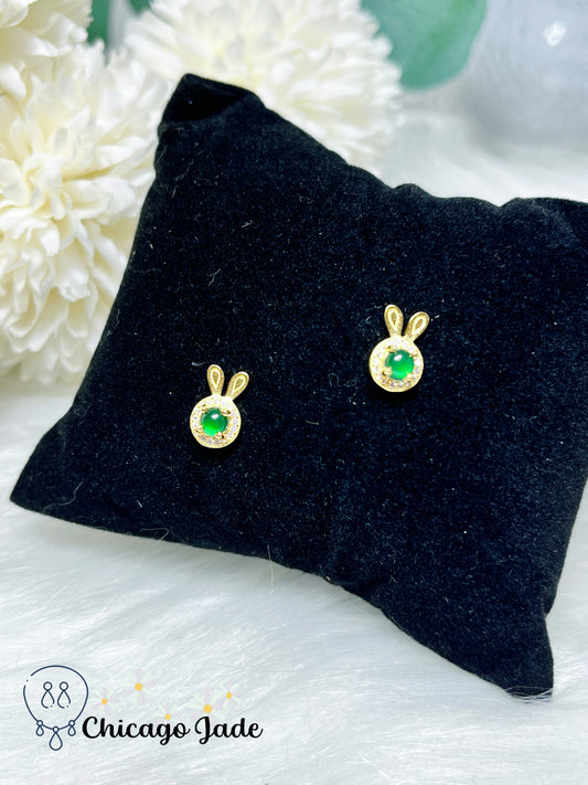 Bright Green Cute Rabbit Design Natural Jadeite Jade Feicui Earring Sterling Silver Certified Grade A Gift Ready