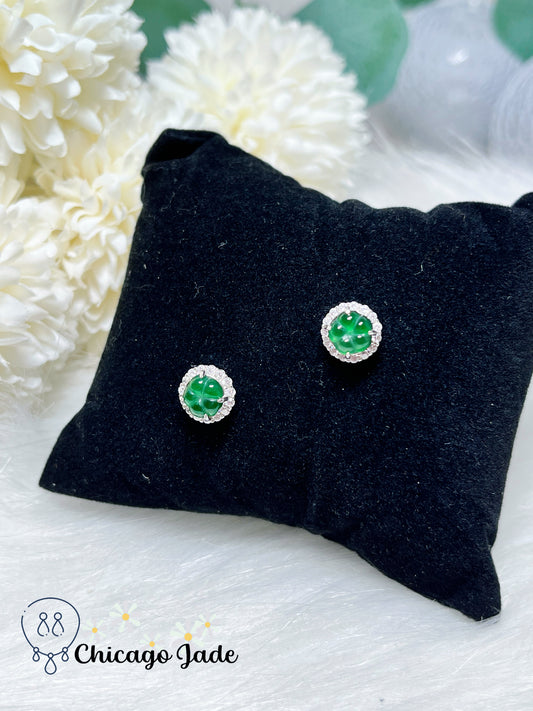 Finely Carved Bright Green Jadeite Jade Feicui Flower on Halo Sterling Silver Jadeite Earring Stub Grade A Certified Gift Ready