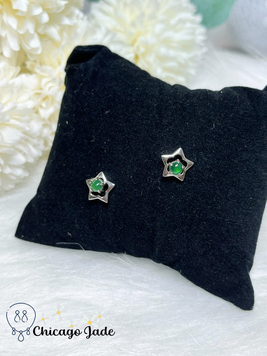 Bright Icy Green Jadeite Jade Feicui Stone on Sterling Silver Star Shaped Earring Setting Authentic Certified Gift Ready