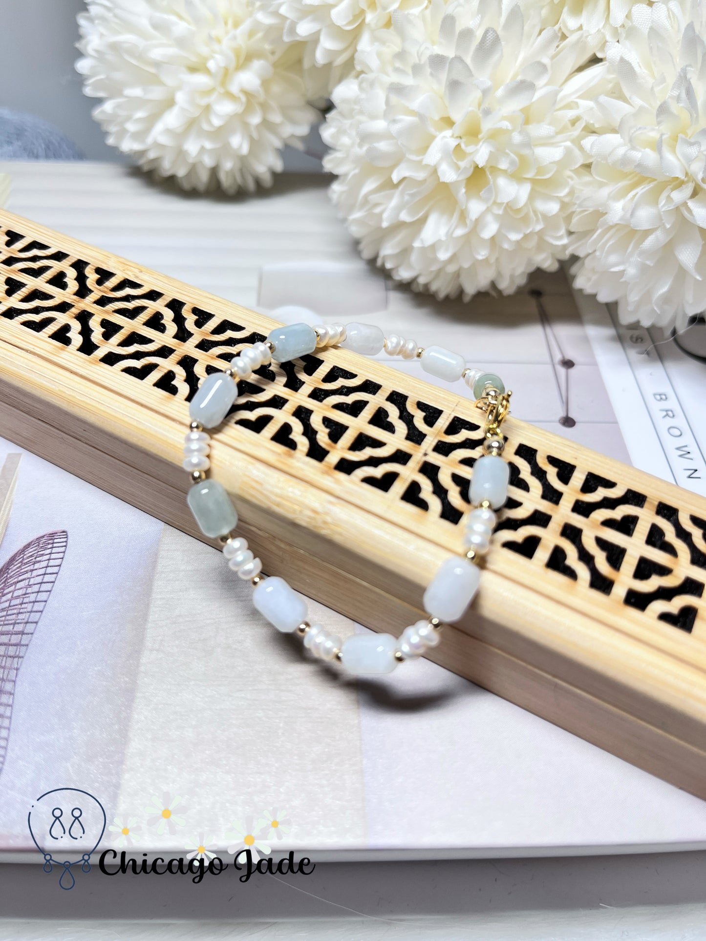 Dainty Minimalist Natural Grade A Authentic Untreated Jadeite Jade Feicui with Freshwater Pearls Handmade Bracelet