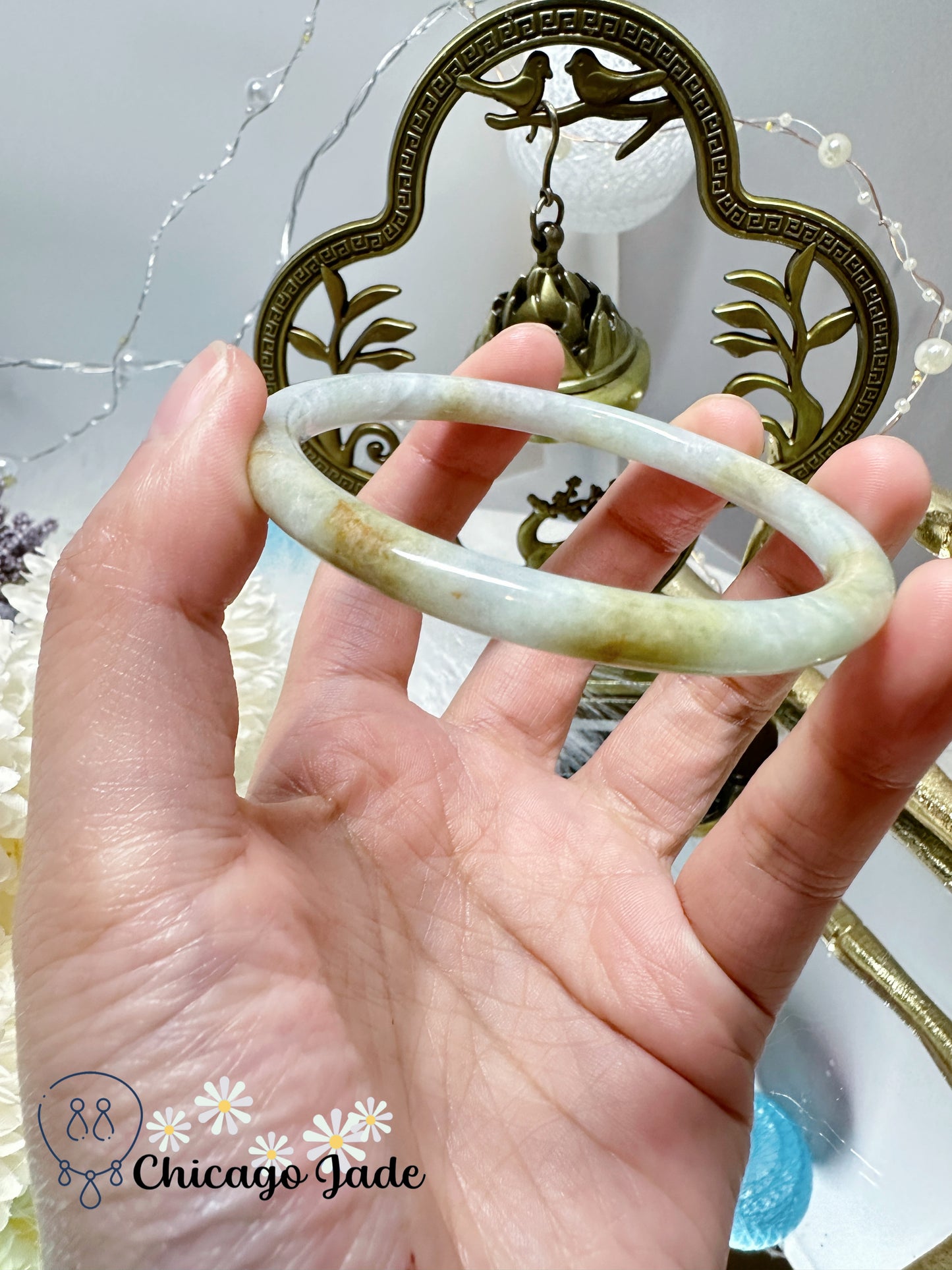 Light Green Touches of Yellow Dainty Jadeite Jade Feicui Bangle Natural Untreated Certified Grade A Burma