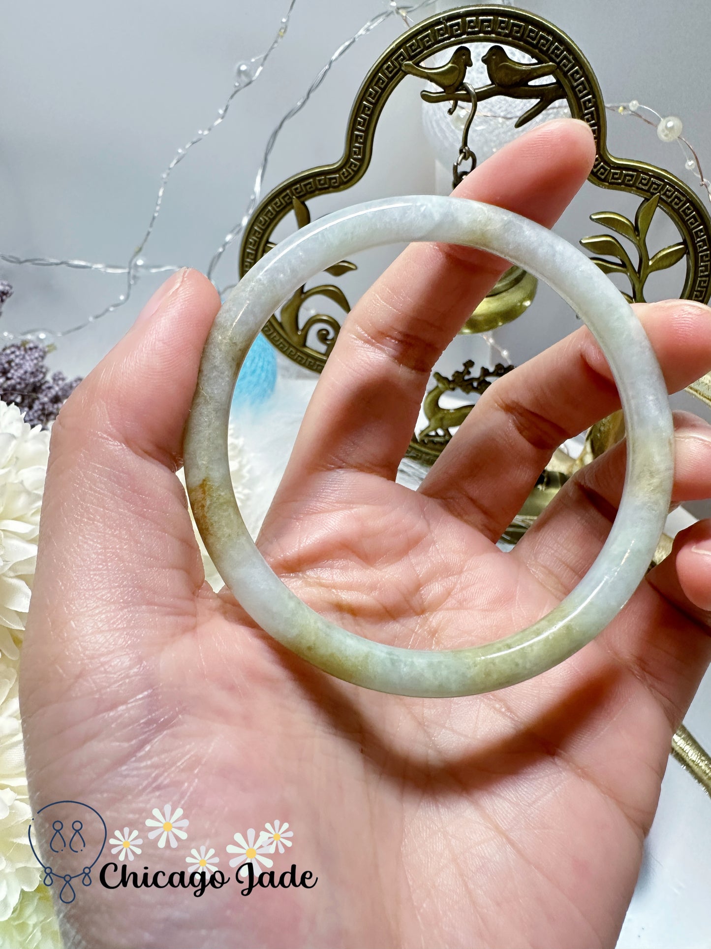 Light Green Touches of Yellow Dainty Jadeite Jade Feicui Bangle Natural Untreated Certified Grade A Burma