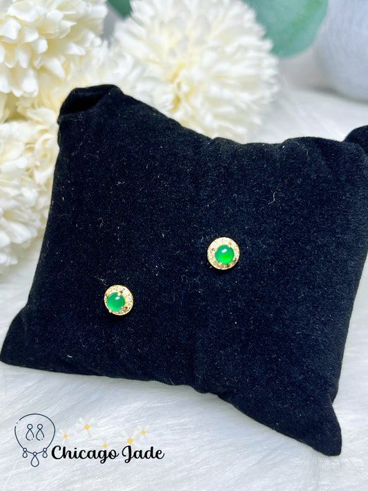 Bright Green Natural Jadeite Jade Feicui on Gold Plated Sterling Silver Stub Earring Handmade Dainty Gift Ready