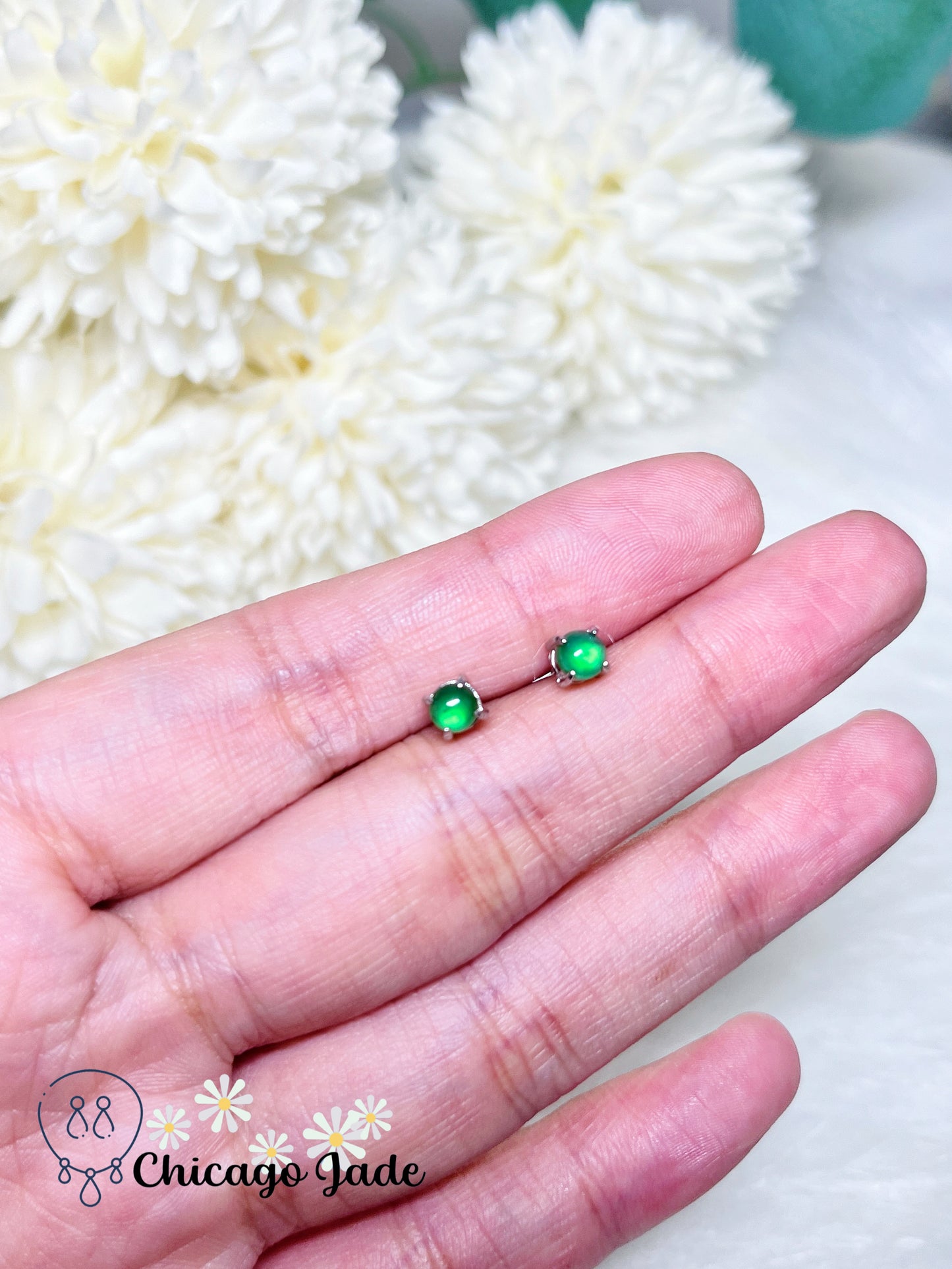 Bright Green Dainty Natural Jadeite Jade Feicui Sterling Silver Stub Earring Handmade Gift Ready