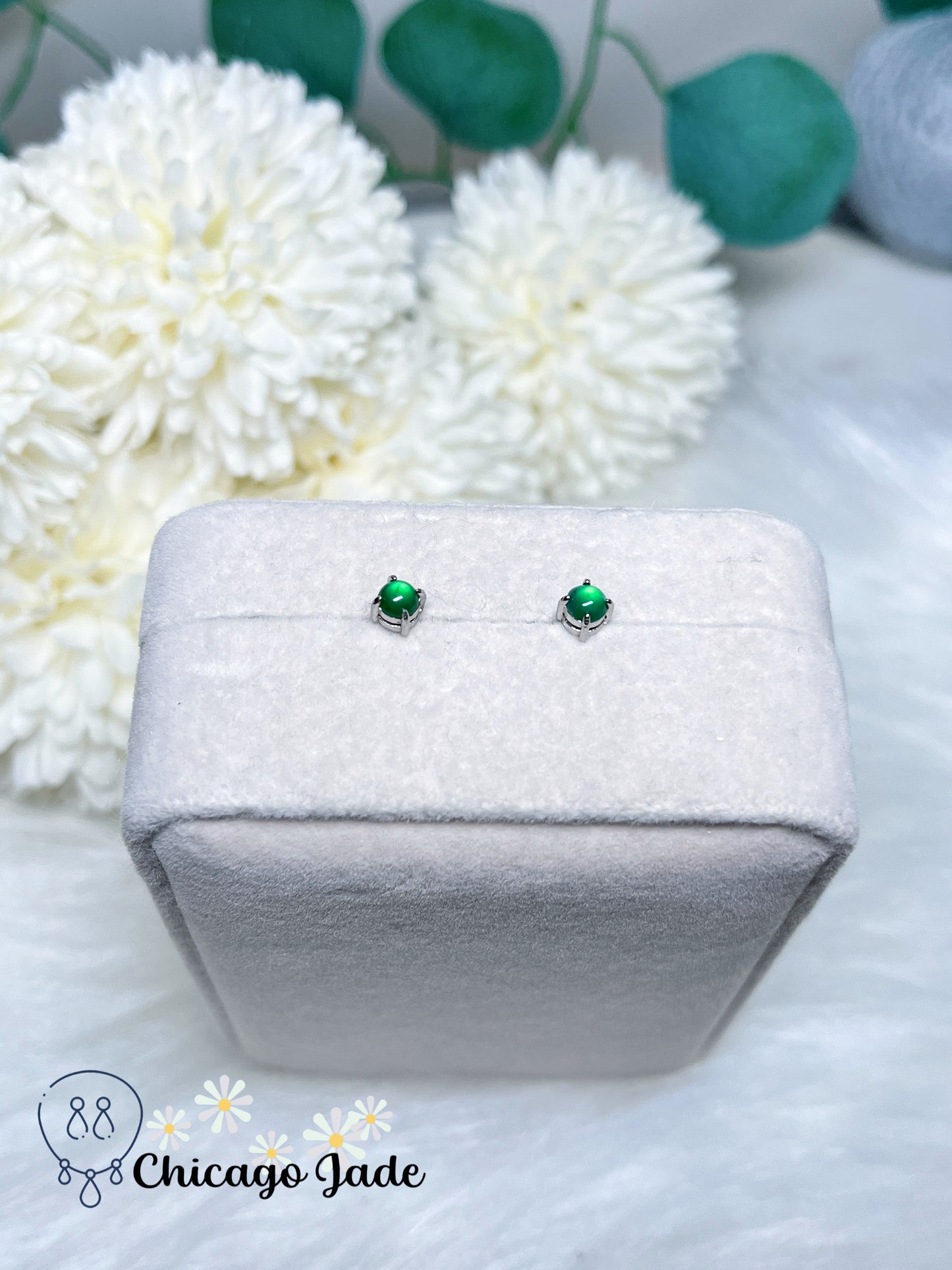 Bright Green Dainty Natural Jadeite Jade Feicui Sterling Silver Stub Earring Handmade Gift Ready