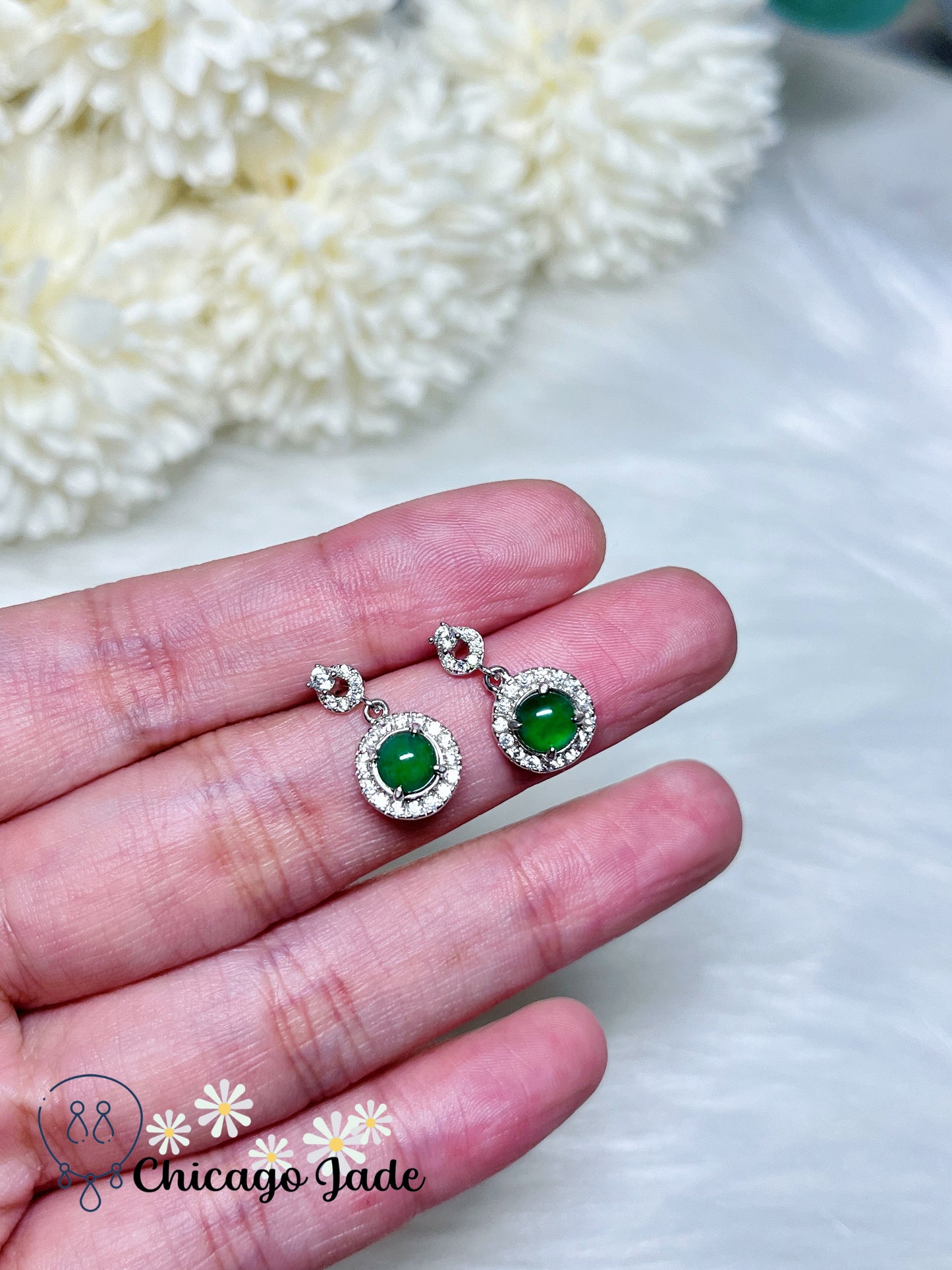 Bright Green Round Jadeite Jade Feicui Stone on Drop Earrings Sterling Silver Authentic Natural Handmade Gift Ready