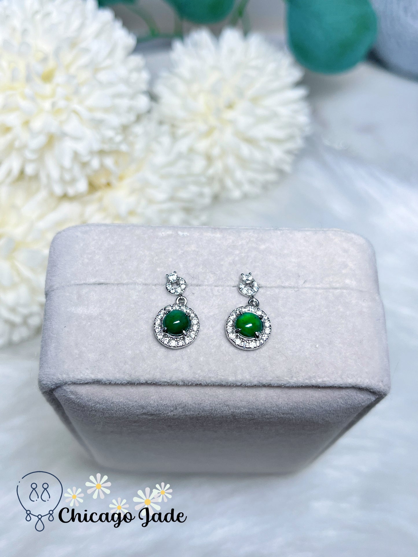 Bright Green Round Jadeite Jade Feicui Stone on Drop Earrings Sterling Silver Authentic Natural Handmade Gift Ready