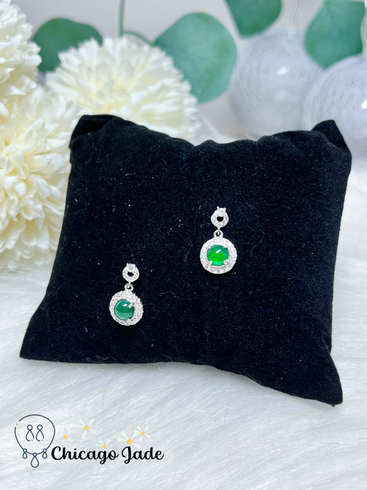 Bright Green Round Jadeite Jade Feicui Stone on Drop Earrings Sterling Silver Authentic Natural Handmade Gift Ready