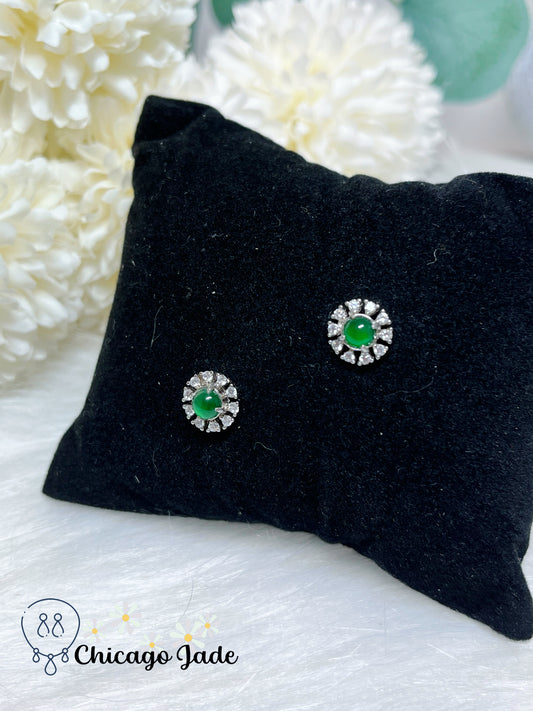 Bright Green Natural Jadeite Jade Feicui Stone on Sunflower Design Sterling Silver S925 Stub Earring Handmade Gift