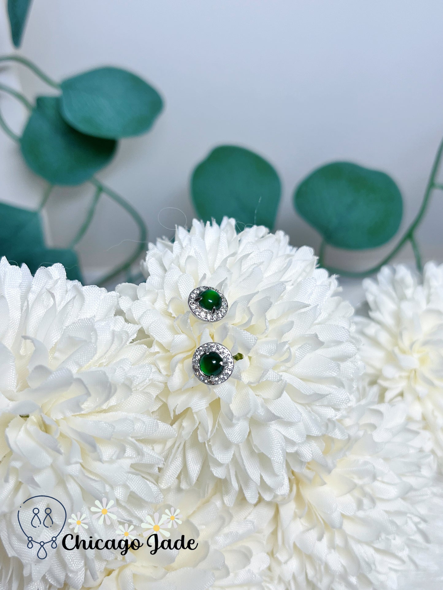 Bright Green Dainty Round Natural Jadeite Jade Feicui on Halo Design Sterling Silver S925 Stub Earring Handmade Gift