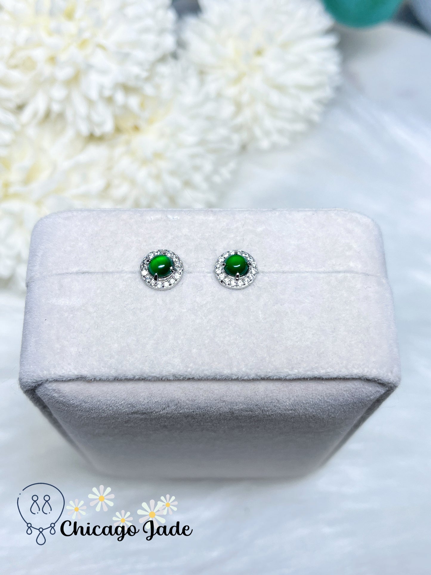 Bright Green Dainty Round Natural Jadeite Jade Feicui on Halo Design Sterling Silver S925 Stub Earring Handmade Gift