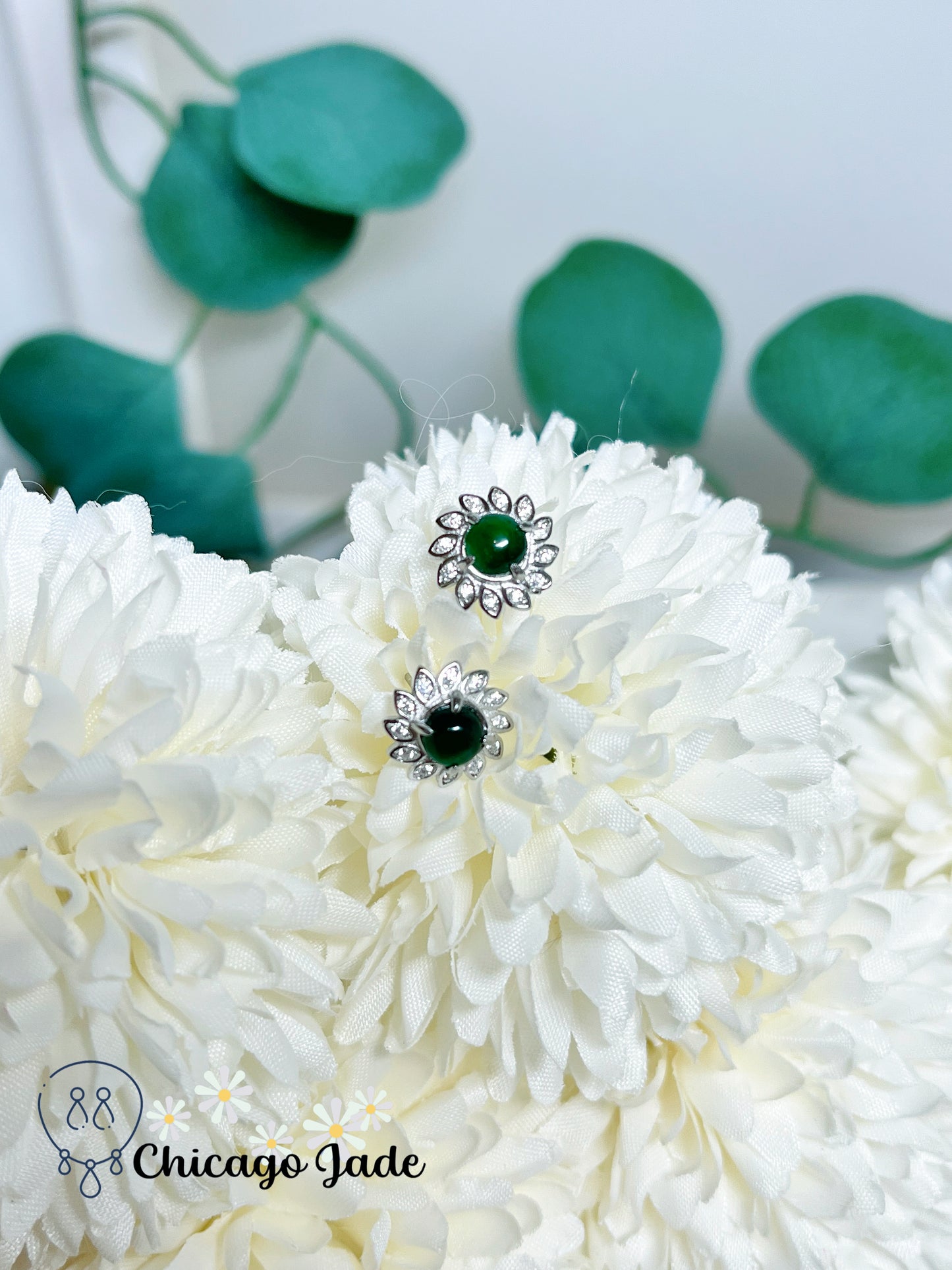 Bright Green Natural Jadeite Jade Stone on Sunflower Design Sterling Silver Stub Earring Handmade Gift Wrapping