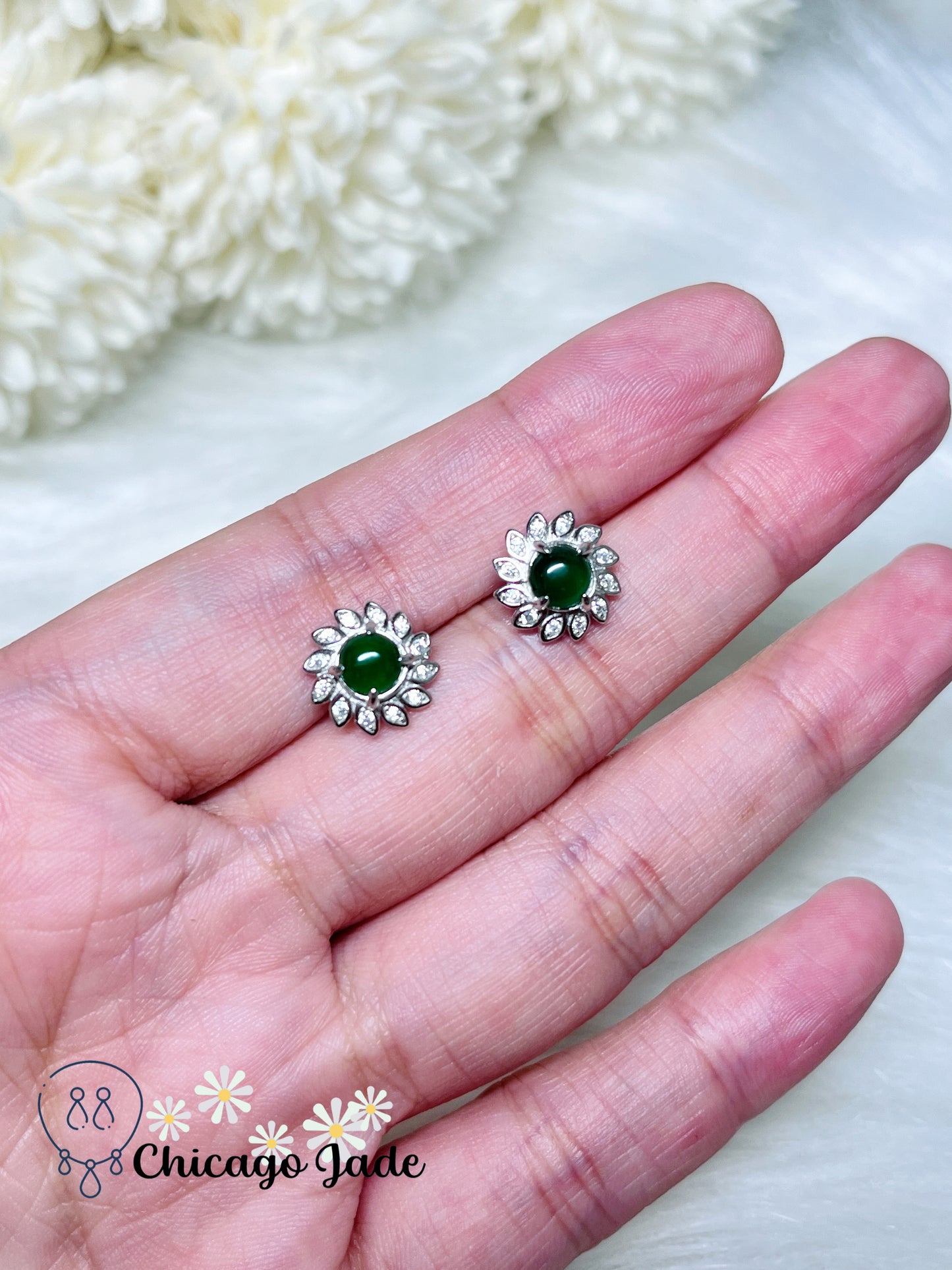 Bright Green Natural Jadeite Jade Stone on Sunflower Design Sterling Silver Stub Earring Handmade Gift Wrapping