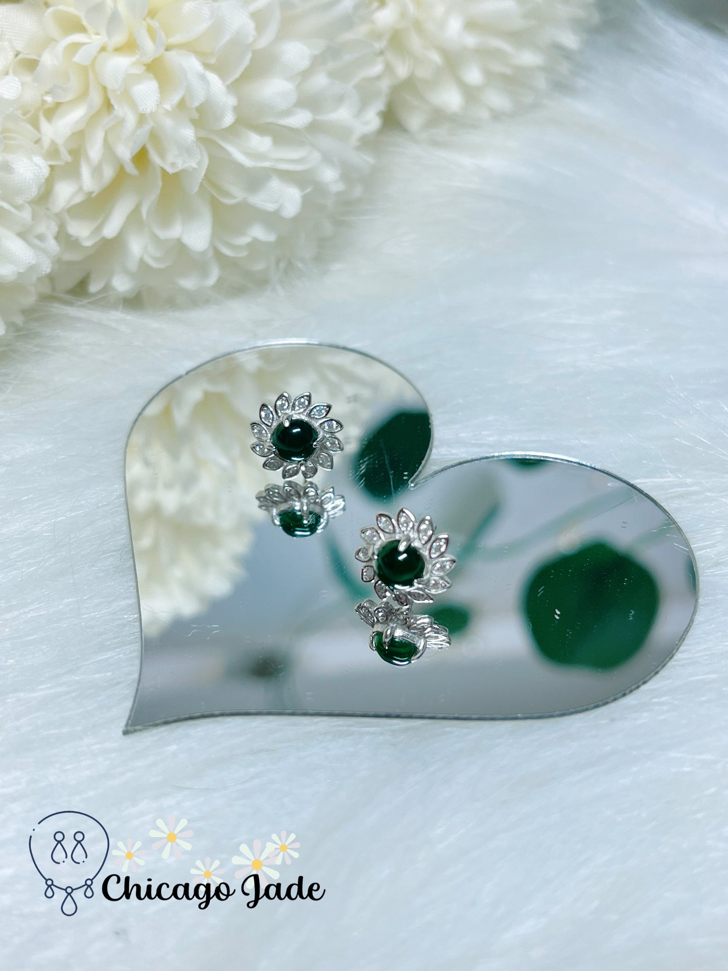 Bright Green Natural Jadeite Jade Stone on Sunflower Design Sterling Silver Stub Earring Handmade Gift Wrapping