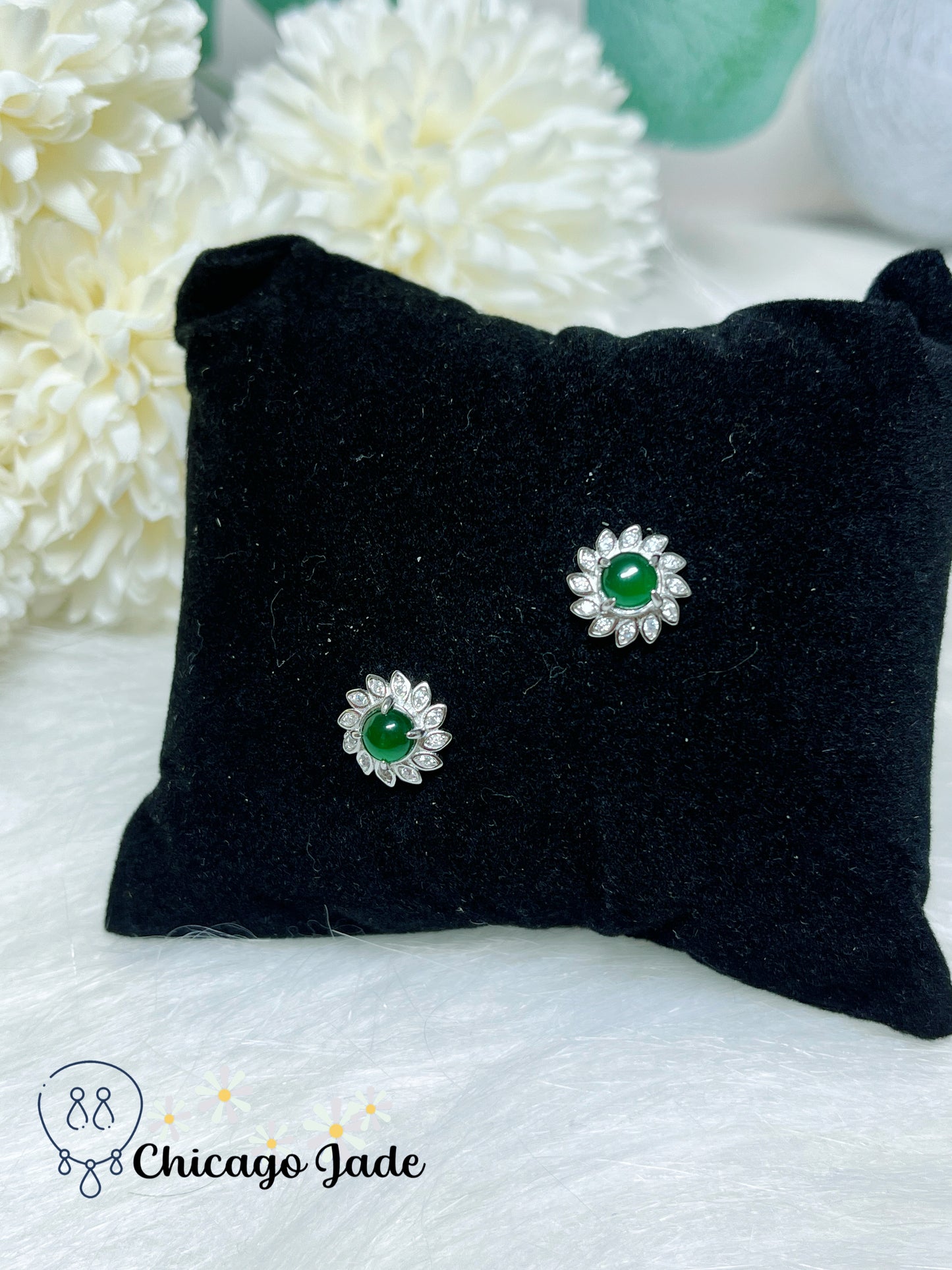 Bright Green Natural Jadeite Jade Stone on Sunflower Design Sterling Silver Stub Earring Handmade Gift Wrapping