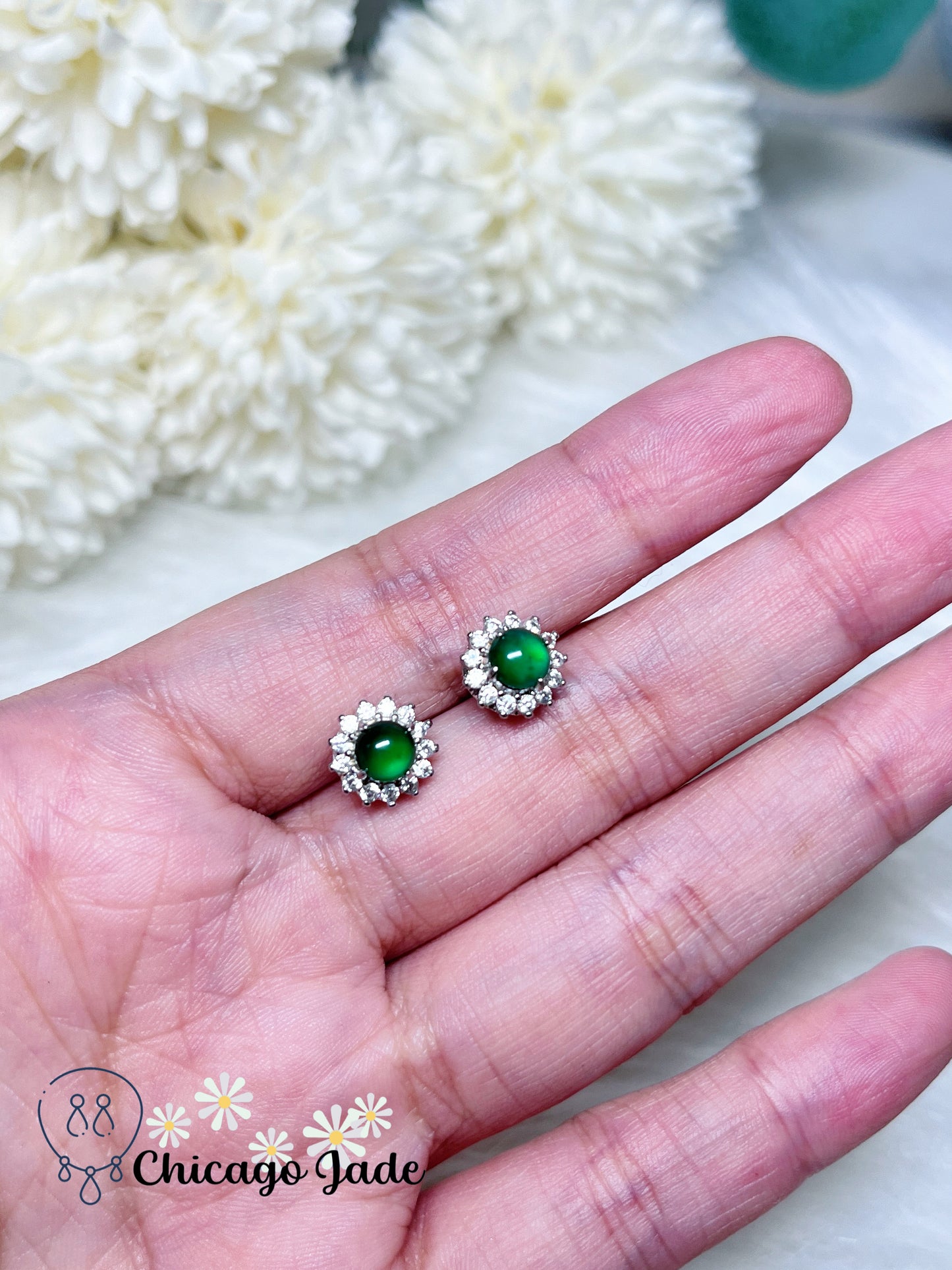 Bright Green Natural Jadeite Jade Stone on Halo Design Sparkling Sterling Silver Stub Earring Handmade Gift Ready