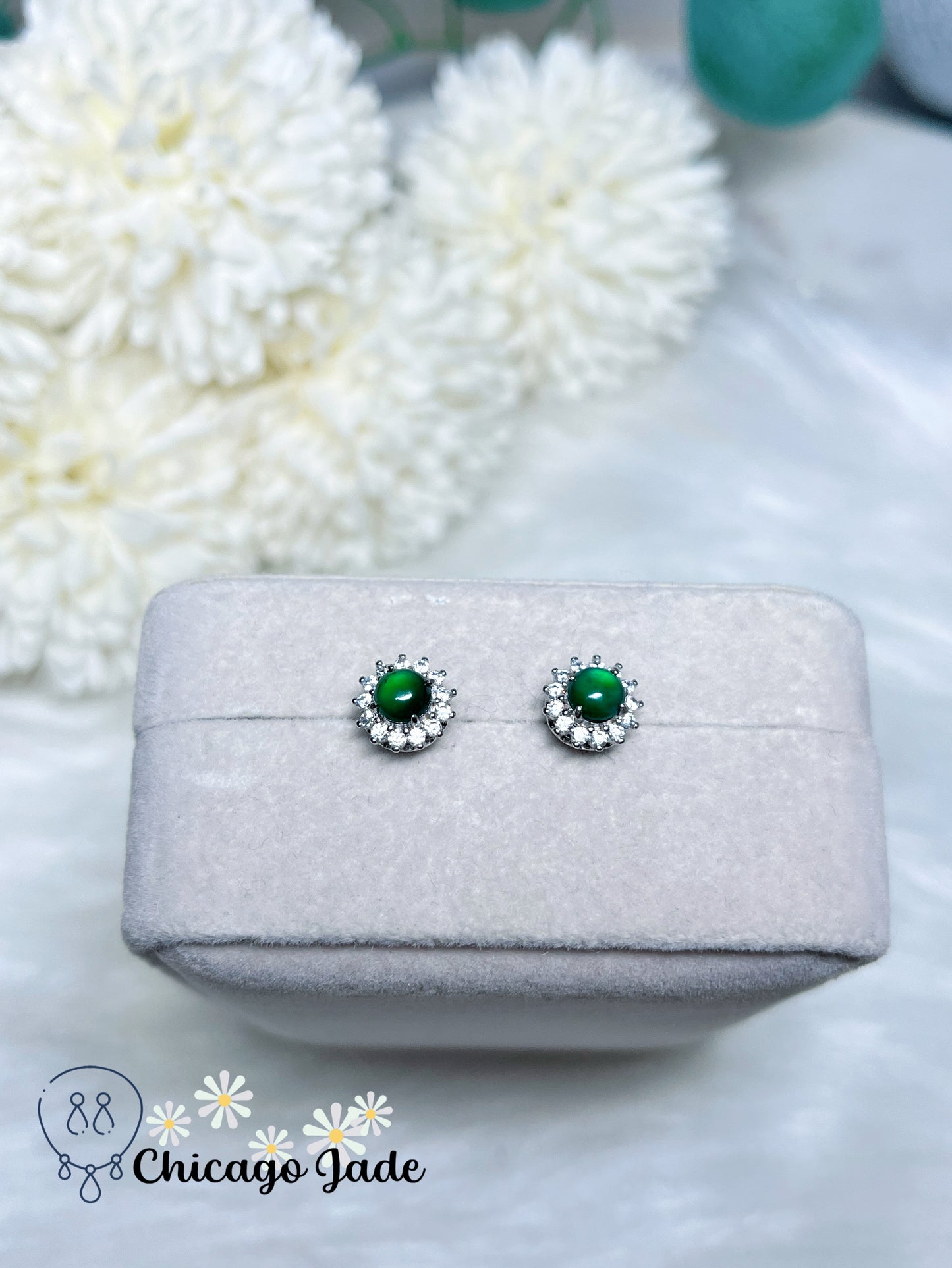 Bright Green Natural Jadeite Jade Stone on Halo Design Sparkling Sterling Silver Stub Earring Handmade Gift Ready