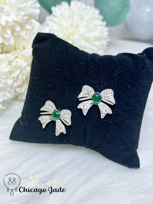 Bright Green Natural Jadeite Jade Feicui Stone on Sterling Silver Bow Stub Earring