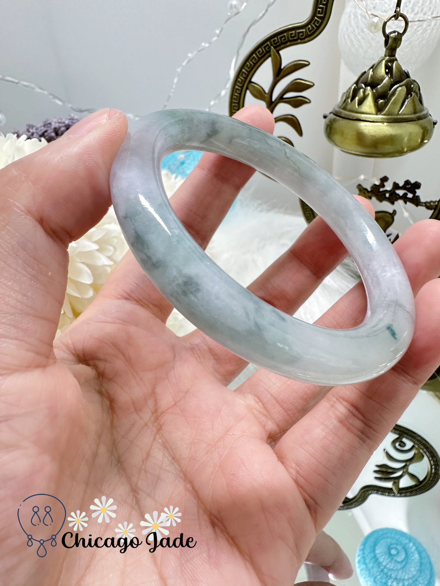 Translucent Soft White with Floating Blue Flowers Natural Untreated Certified Grade Jadeite Jade Feicui Bangle