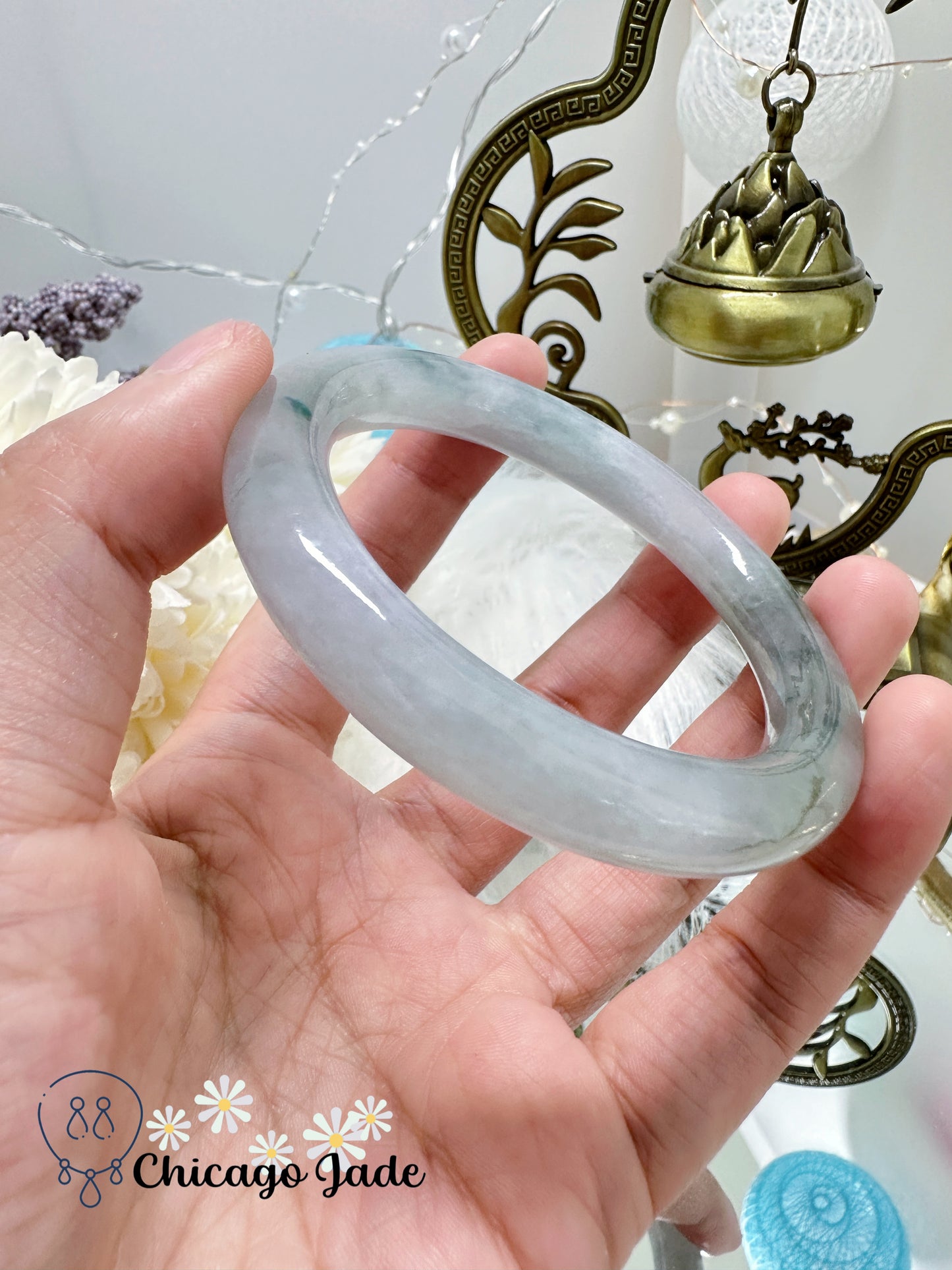 Translucent Soft White with Floating Blue Flowers Natural Untreated Certified Grade Jadeite Jade Feicui Bangle