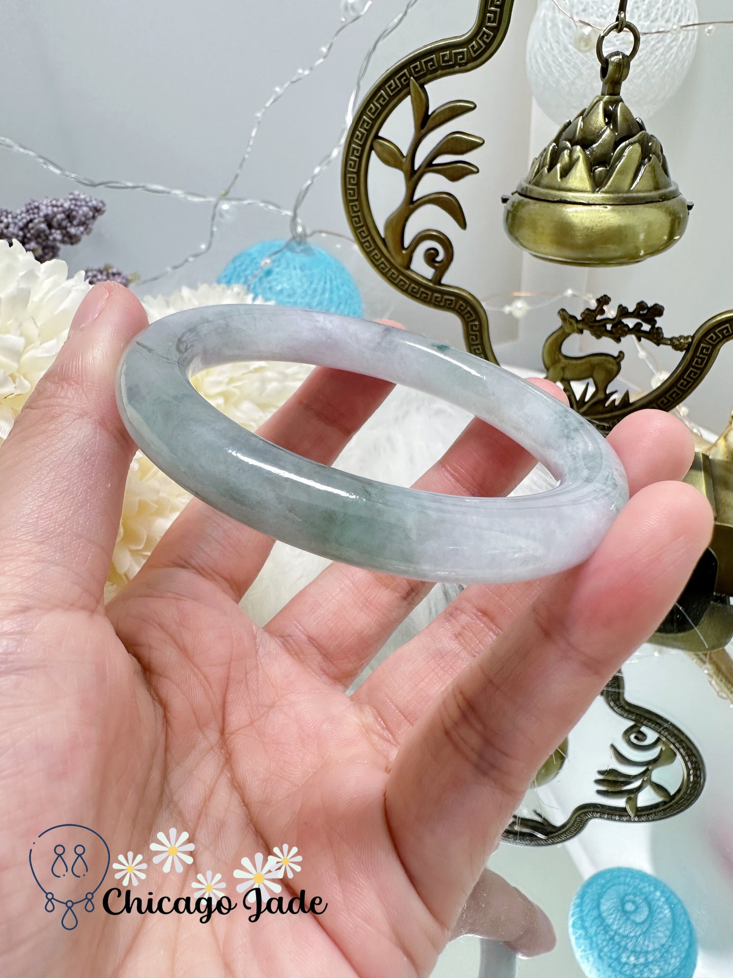 Translucent Soft White with Floating Blue Flowers Natural Untreated Certified Grade Jadeite Jade Feicui Bangle