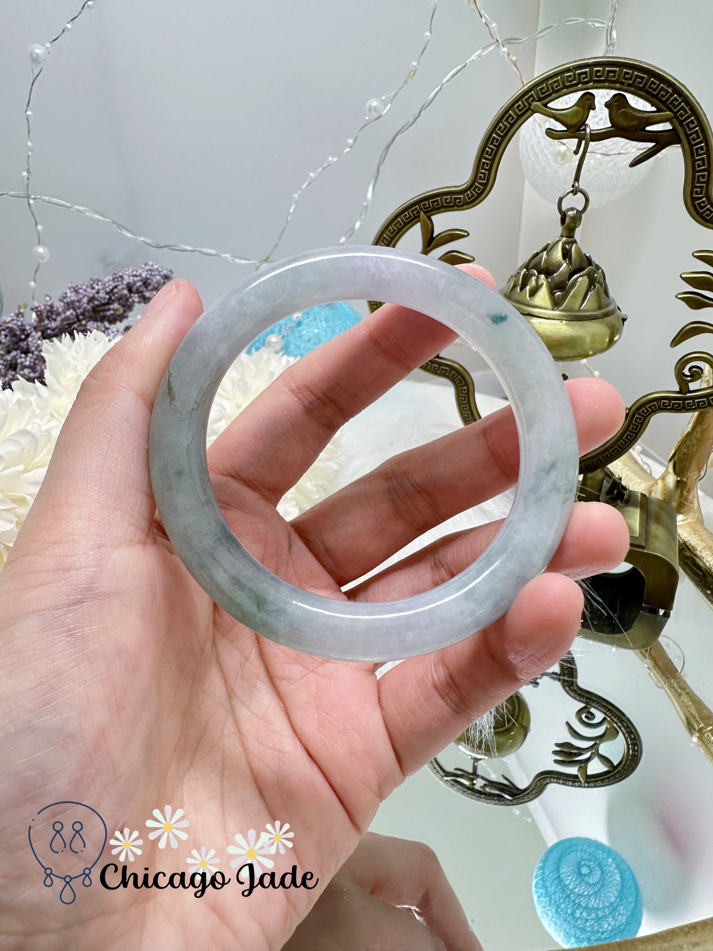 Translucent Soft White with Floating Blue Flowers Natural Untreated Certified Grade Jadeite Jade Feicui Bangle