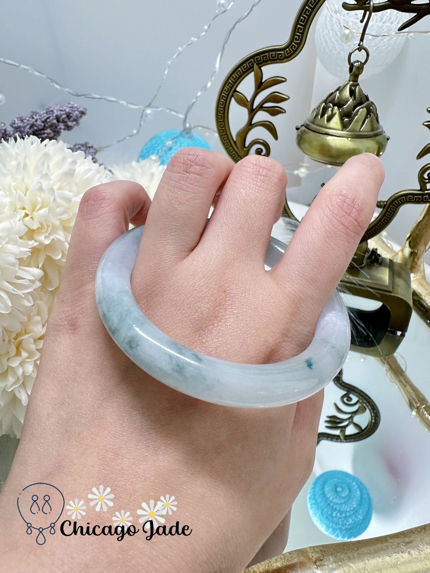 Translucent Soft White with Floating Blue Flowers Natural Untreated Certified Grade Jadeite Jade Feicui Bangle