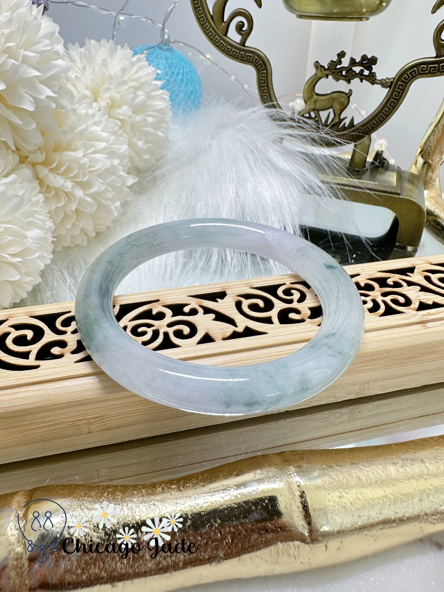 Translucent Soft White with Floating Blue Flowers Natural Untreated Certified Grade Jadeite Jade Feicui Bangle