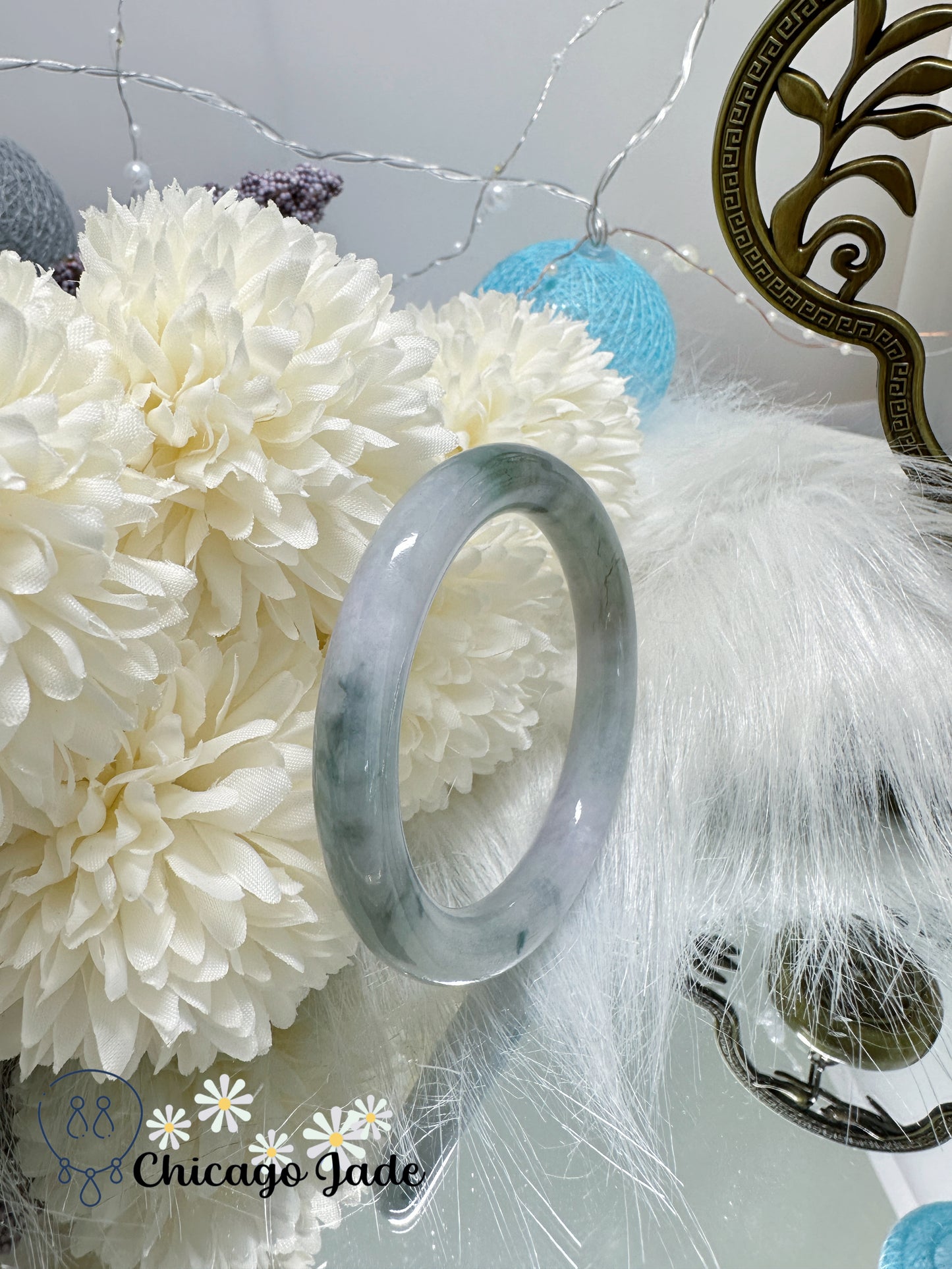 Translucent Soft White with Floating Blue Flowers Natural Untreated Certified Grade Jadeite Jade Feicui Bangle