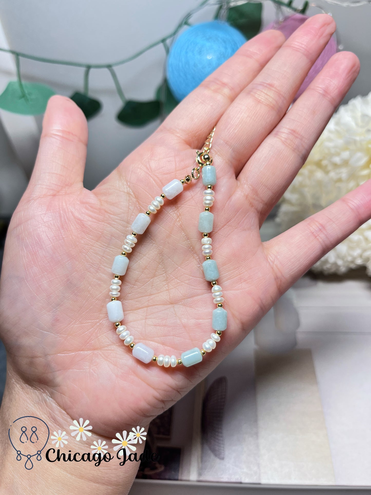 Natural Grade A Authentic Untreated Burma Jadeite Jade Feicui with Freshwater Pearls Handmade Gift