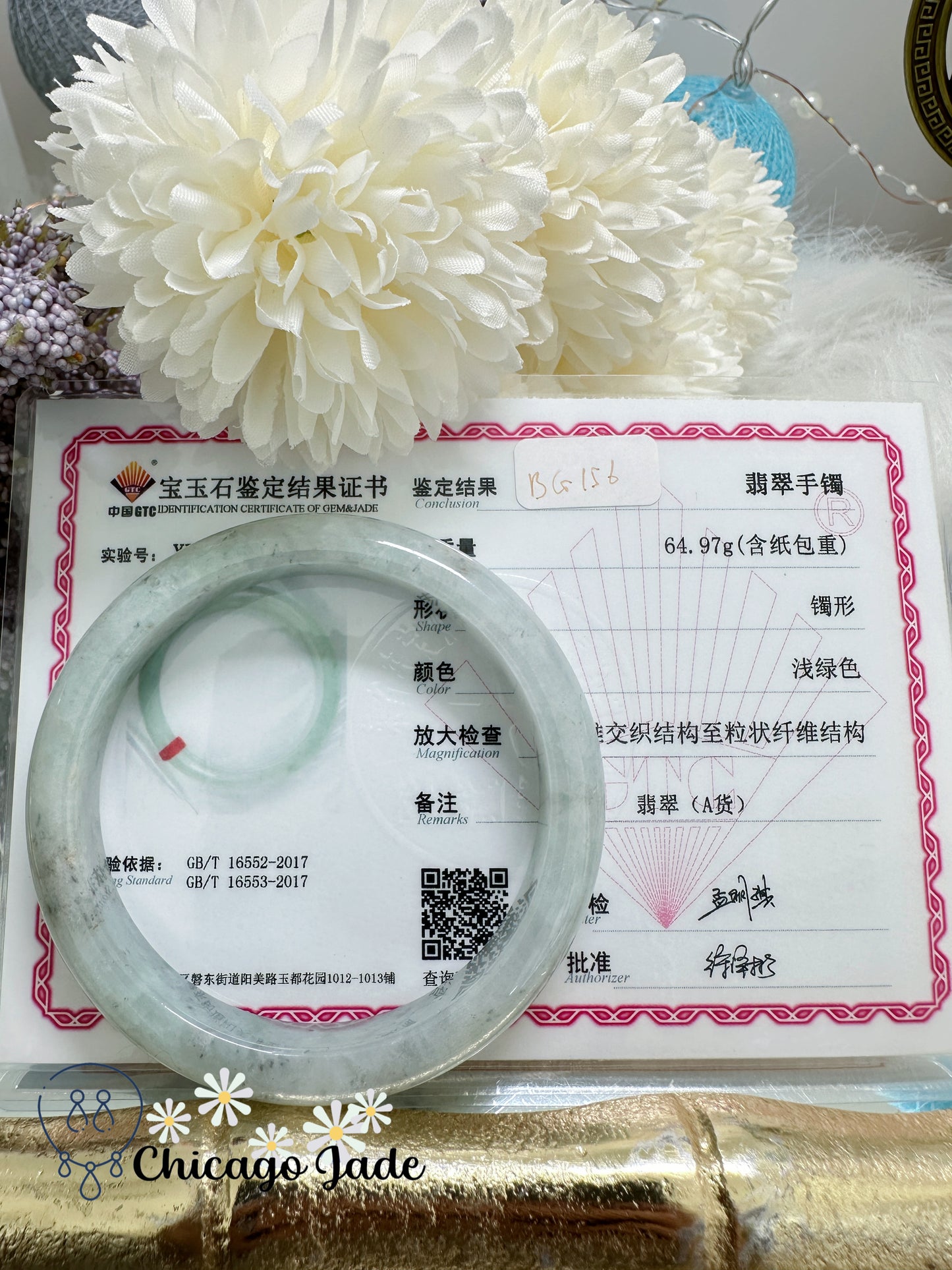 Light Grey Base with Touches of Wuji Black Dots Natural Untreated Jadeite Jade Feicui Bangle Grade A Certified