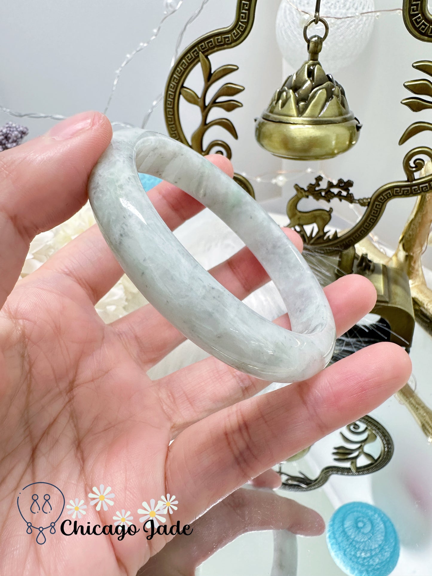 Light Grey Base with Touches of Wuji Black Dots Natural Untreated Jadeite Jade Feicui Bangle Grade A Certified