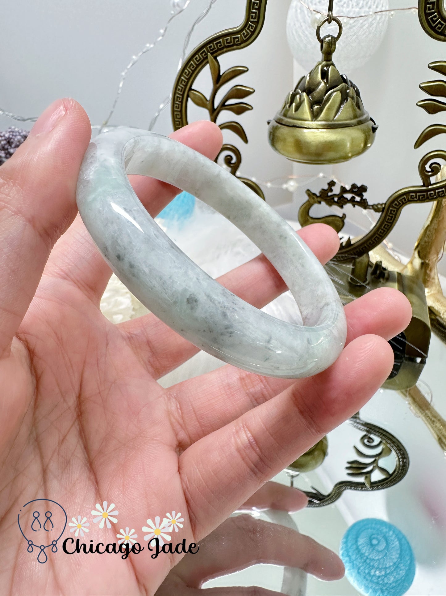 Light Grey Base with Touches of Wuji Black Dots Natural Untreated Jadeite Jade Feicui Bangle Grade A Certified